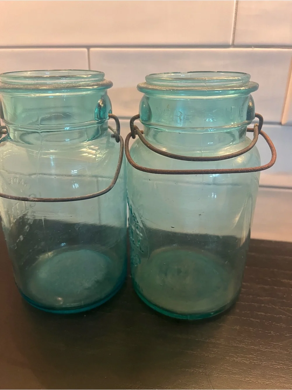 Vintage Climax Embossed Aqua Glass Storage Jars - Set of 2